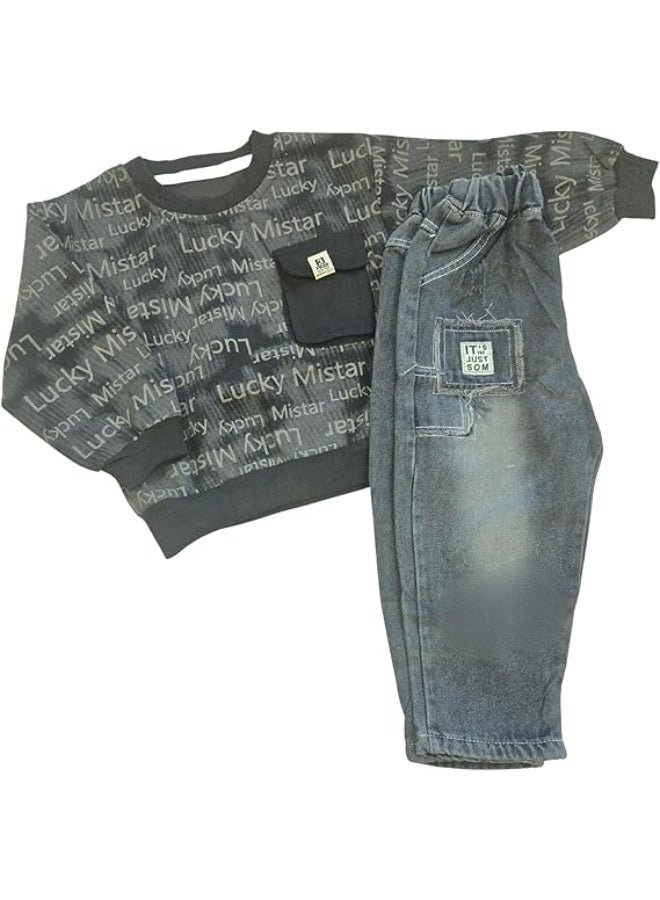 MINIIMODZ MINII MODZ Lucky Mistar Denim Set for Boys – Casual & Partywear Ethnic Dress Set, Boys T-Shirt & Pant - Image 2